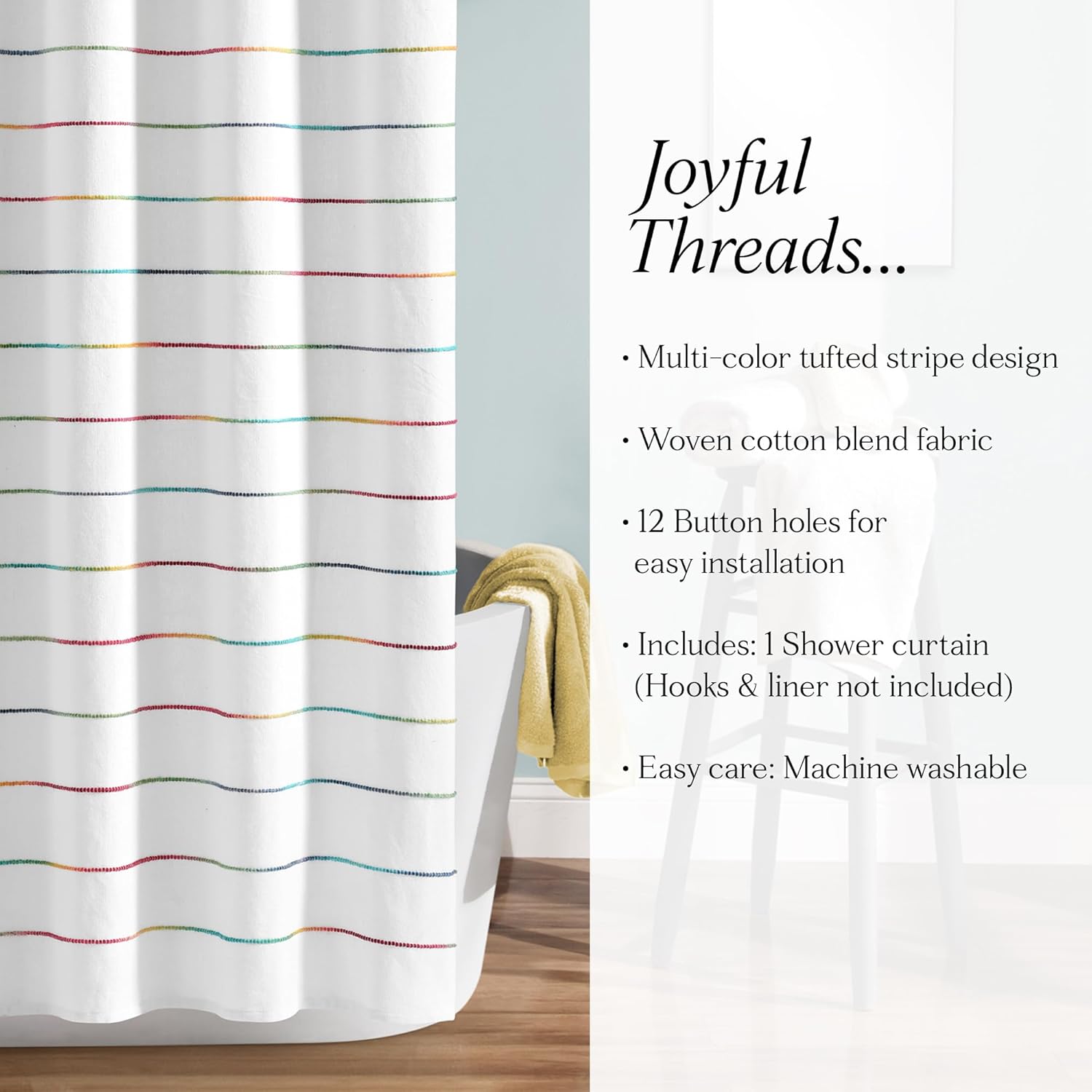 Lush Decor Ombre Stripe Yarn Dyed Cotton Shower Curtain, 72" W x 72" L, Rainbow - Fabric Shower Curtains - Striped Bathroom Curtain - Farmhouse & Coastal Decor