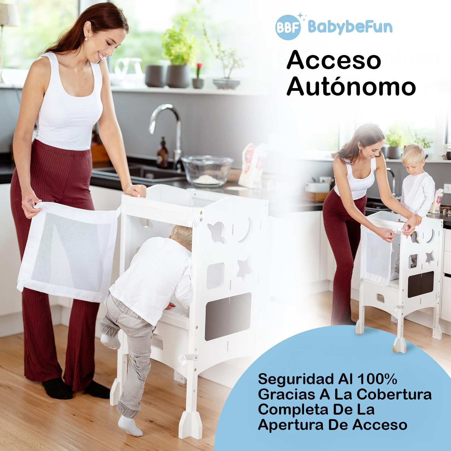 Torre de Aprendizaje Desde 1 año – Torre Plegable con Red de Seguridad de 360° – Learning Tower Extremadamente Estable y Robusta – Entrega preensamblada con protección antivuelco (Blanco)