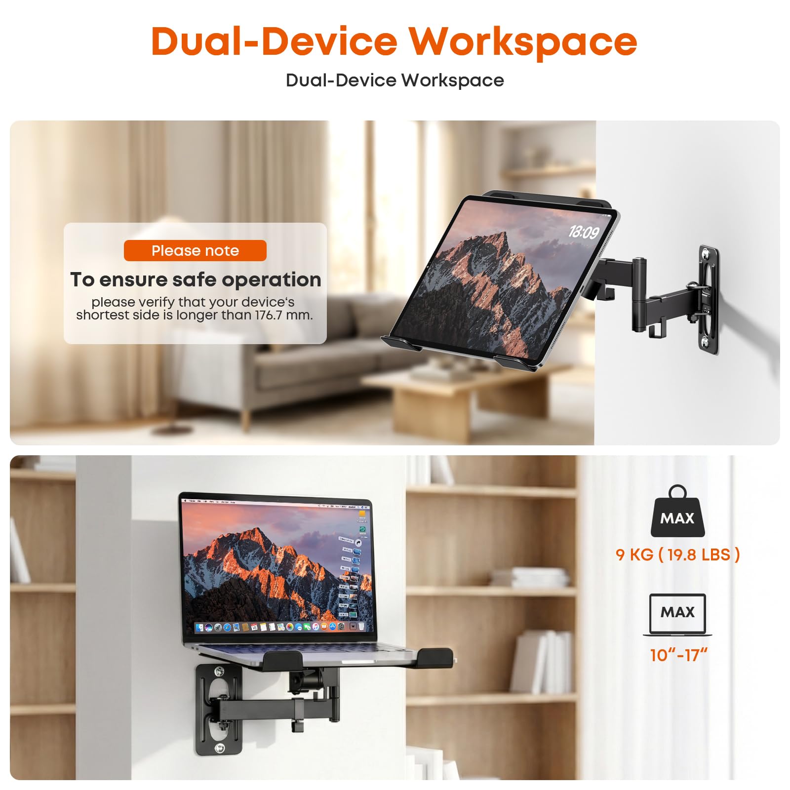 Support Mural pour Ordinateur Portable & Tablette, Capacité 5 KG, Bras en Métal 300x250 mm, Compatible PC 12-17″ & Tablette 10-13″, Norme VESA 75/100 mm, pour Bureau Maison & Cuisine