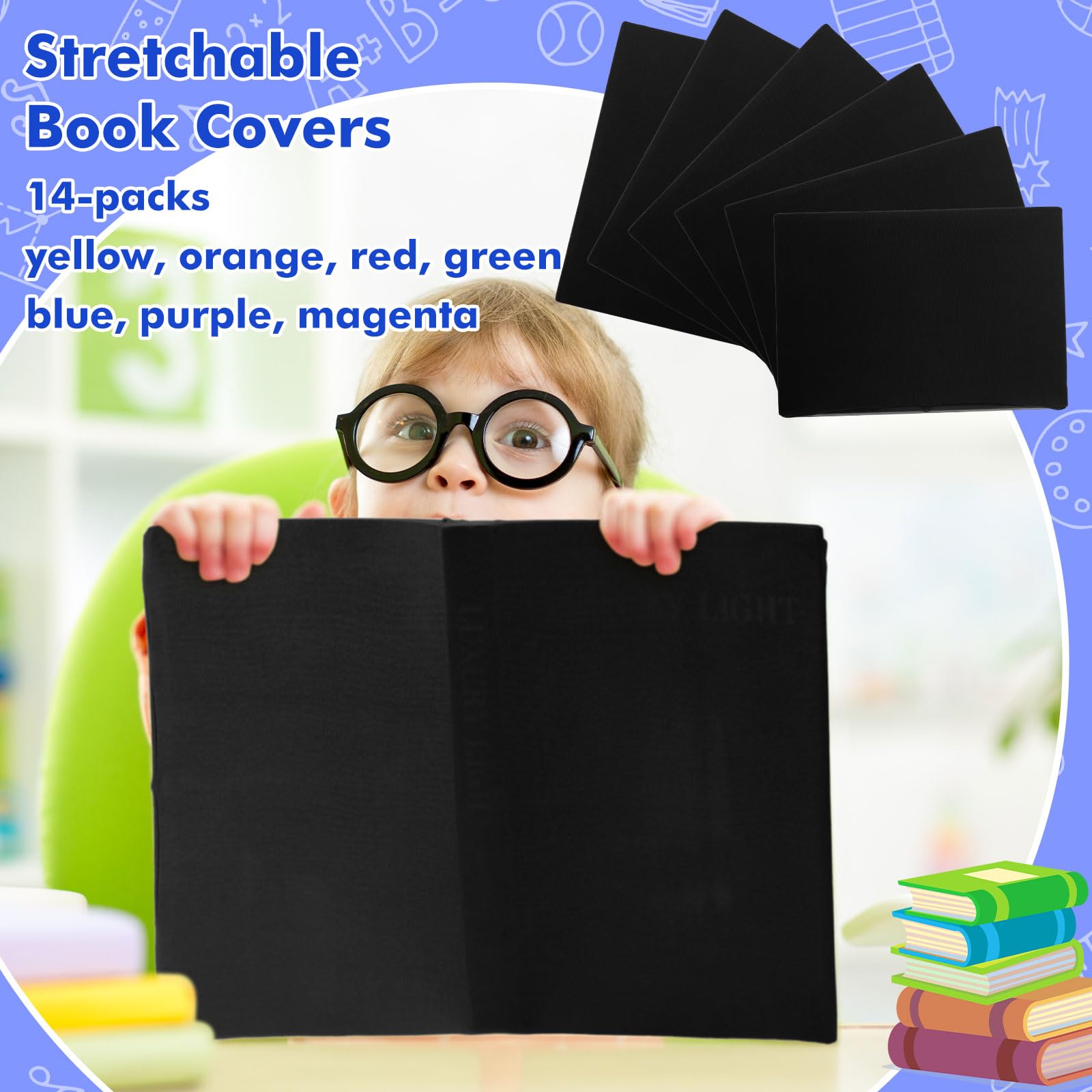 Sherr Confezione da 14 copertine per libri elastiche, resistenti, lavabili, riutilizzabili, per la maggior parte dei libri, circa 22,9 x 30,5 cm, colore nero