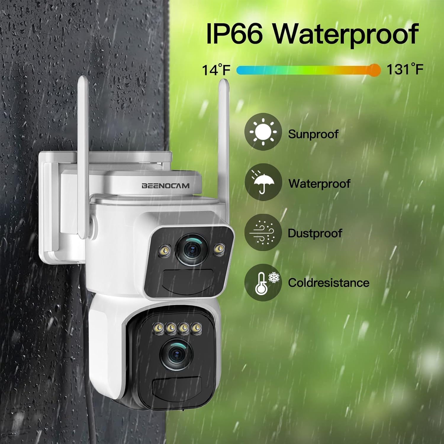 BEENOCAM camera in the rain, with icons indicating IP66 waterproof, sunproof, dustproof, and cold resistance, along with a temperature range bar.