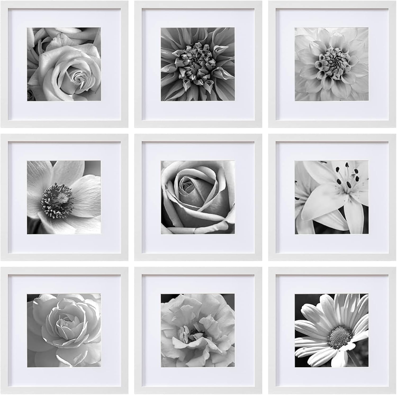 eletecpro 12x12 Picture Frames Set of 9, Classic Gallery Wall Frame Set Displays 8x8 Photo with Mat or 12x12 No Mat, Square Picture Frames Collage Wall Decor, White Home Decor for Hanging