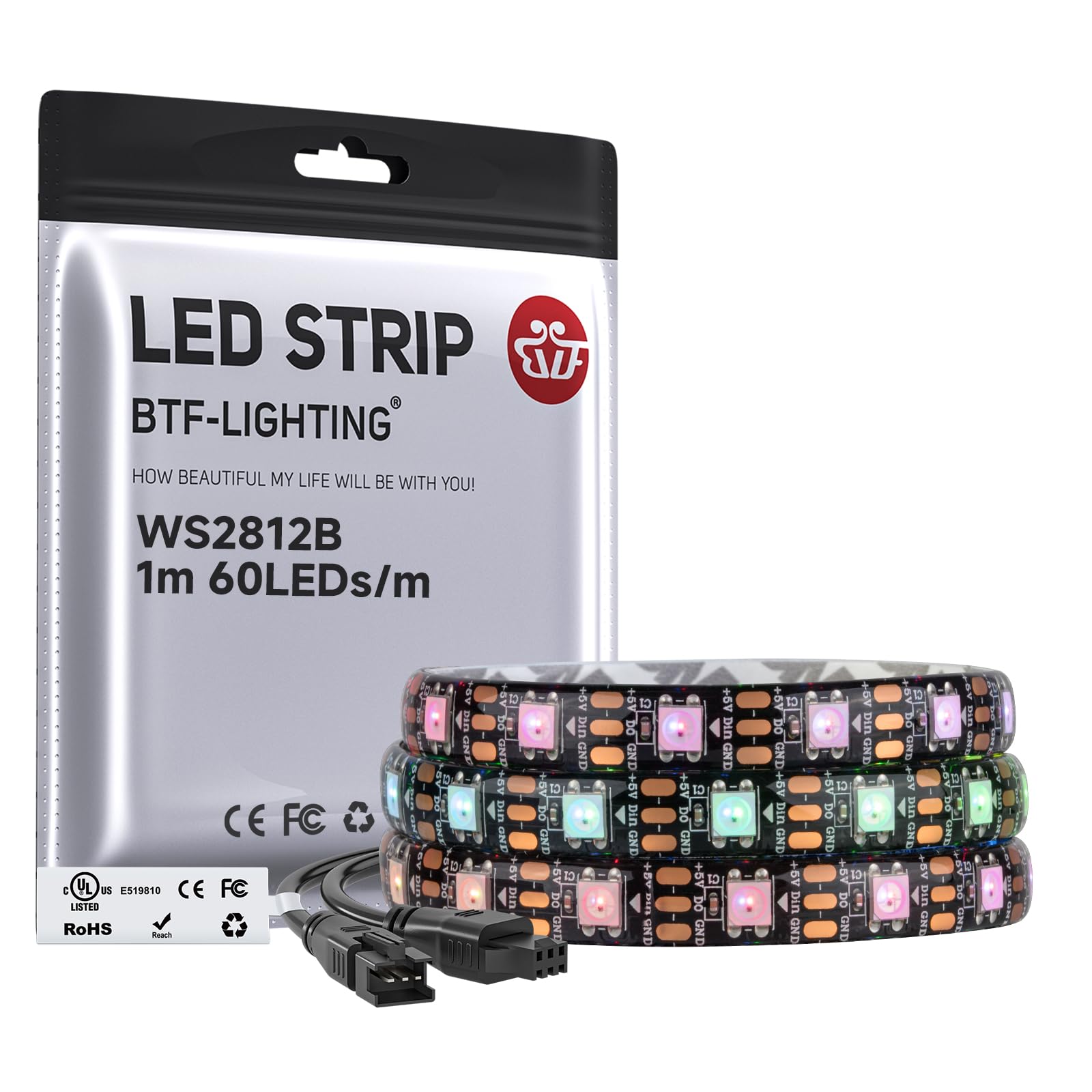 BTF-LIGHTING WS2812B IC RGB LED Strip,UL Listed,DC5V 3.28FT 60LED IP65