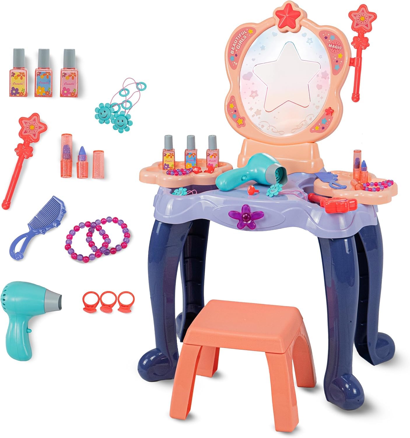 GalPat Baby - Tocador de Juguete niñas + Taburete - Incluye secador electrico + Accesorios - Espejo con música y Luces - Varita Mágica - Incluye 27 Piezas