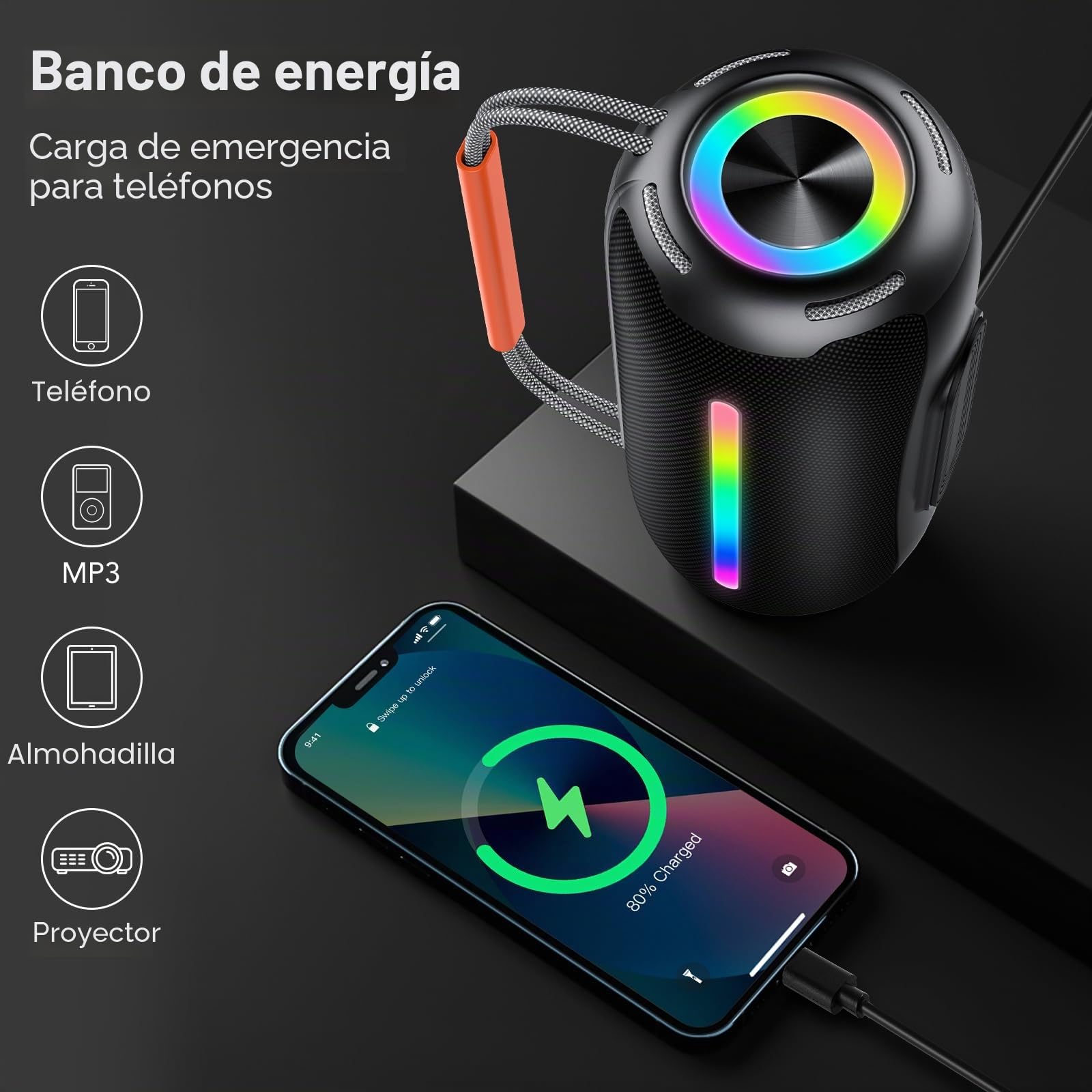 aowoka Altavoz Bluetooth Portátil 40W con Asa, Altavoz Potente con Subwoofer Doble, Bluetooth Speaker Impermeable IPX7, con Luz RGB, TWS/AUX/TF - Ideal para Fiestas, Viajes y Exteriores