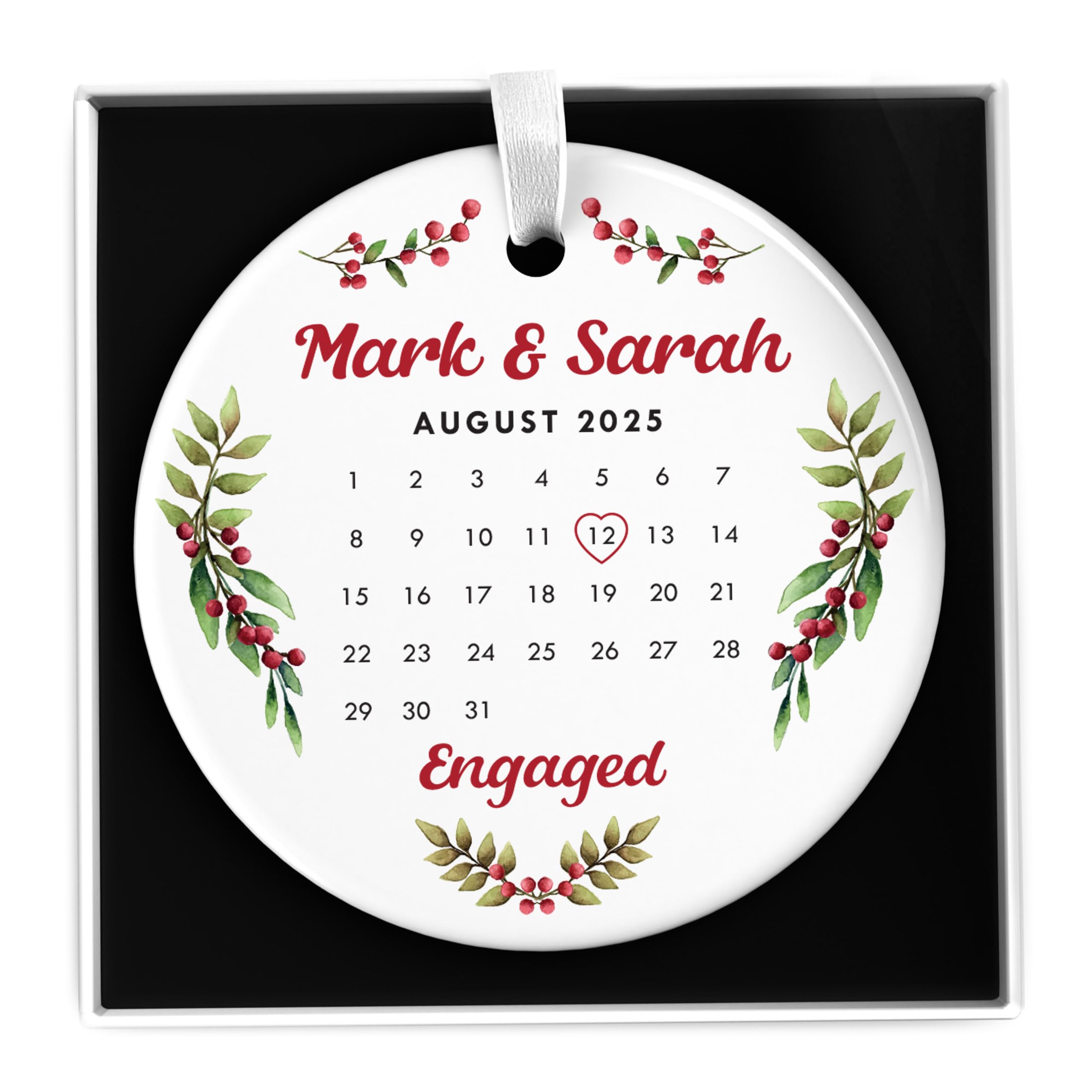 First Christmas Engaged Decoration, Personalised Engagement Date Christmas Tree Ornament, 1st Xmas Engaged, Personalised Ceramic Heart Round Bauble, With Gift Box