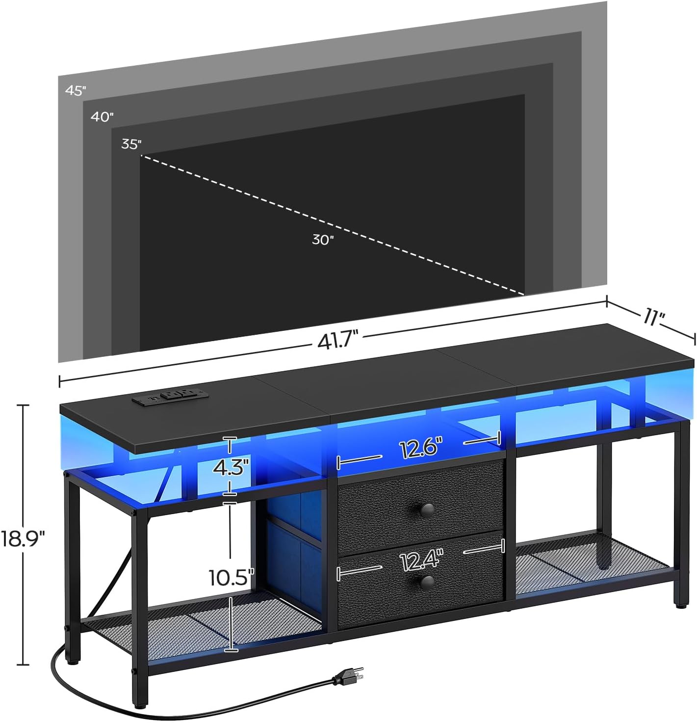 TV Stand with LED Light and Power Outlets, Entertainment Center with Fabric Drawers and Open Shelves, 41.7" TV Cabinet for TVs up to 45 Inch, Media Console for Living Room, Bedroom, DS03UDBB - Image 7