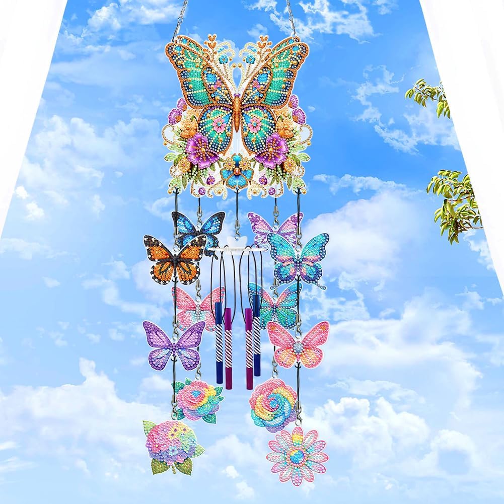 Diamond Art Wind Chimes Kit, Double Sided 5D DIY Diamond Painting Suncatchers Home Hanging Ornament for Garden (Butterfly)