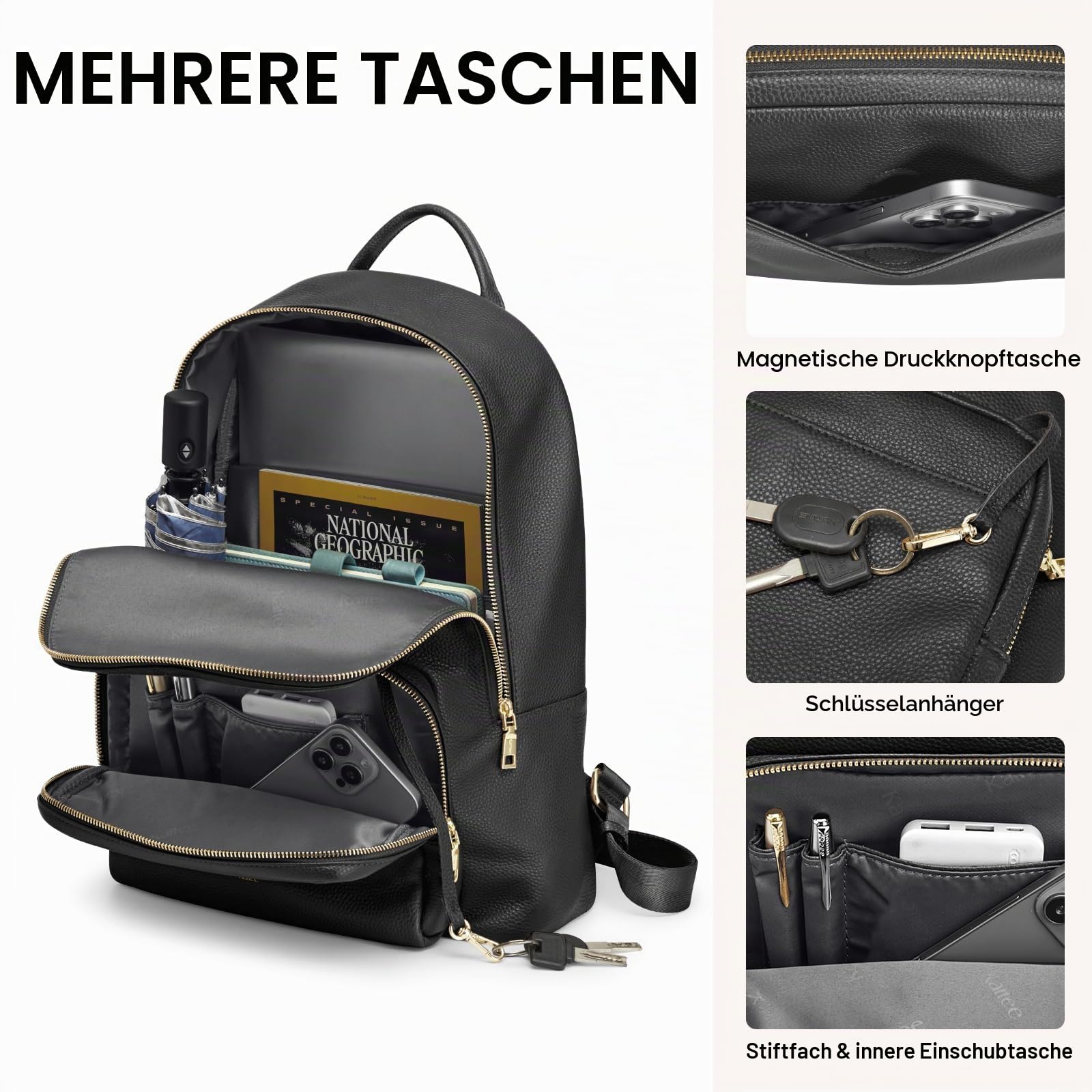 Kattee Echtleder Rucksack Mit 14 Zoll Laptopfach Damen Rucksack für Schule und Uni Mittelgroß