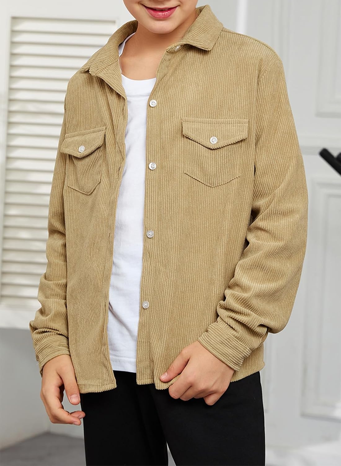 blibean Boy Corduroy Long Sleeve Shirt Shacket with Pockets Size 6-15 Years Old - Image 4