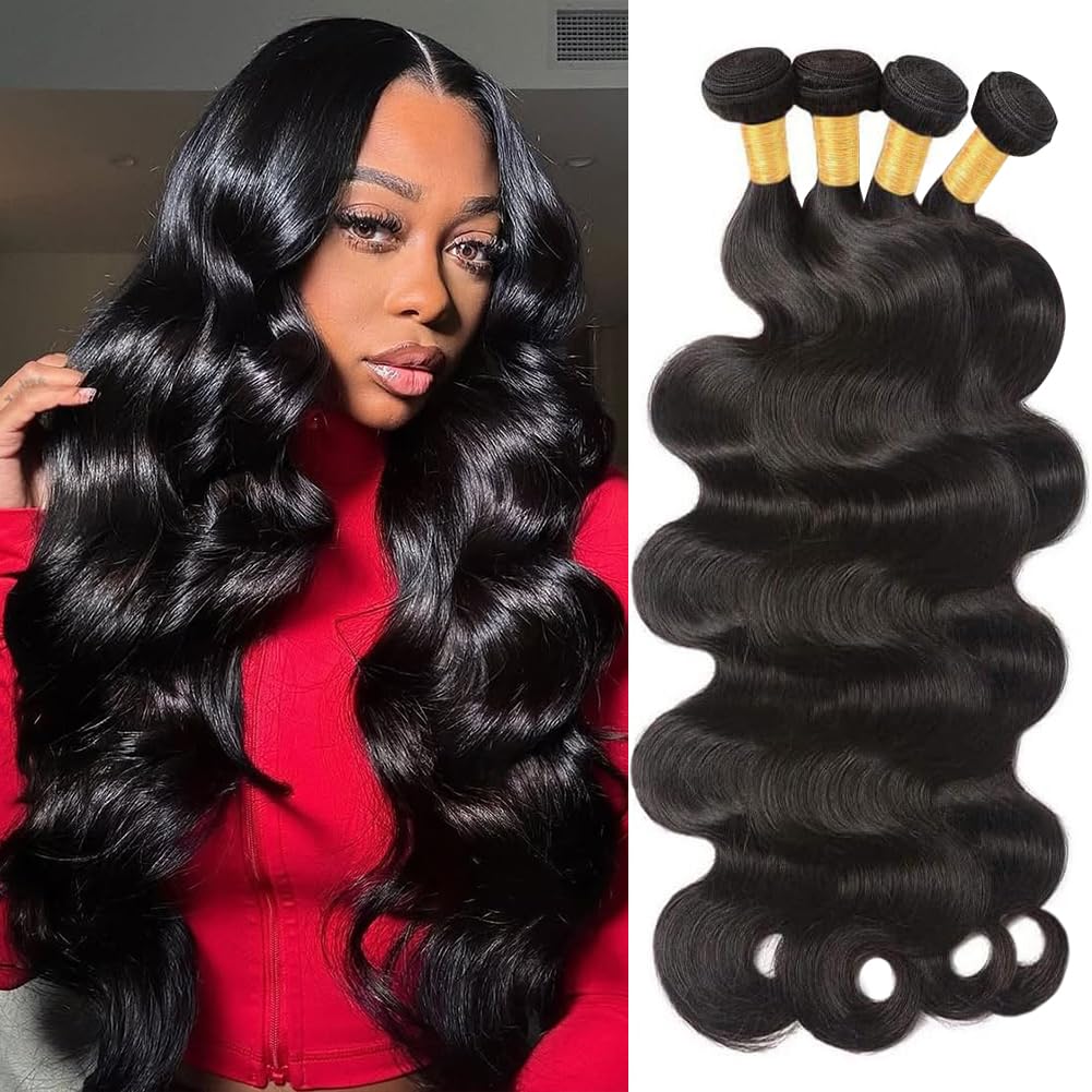 10A Human Hair Bundles 24 26 28 30 Inch Body Wave 100% Unprocessed Brazilian Virgin Hair 4 Bundles Human Hair Extensions Quick Weave Natural Black
