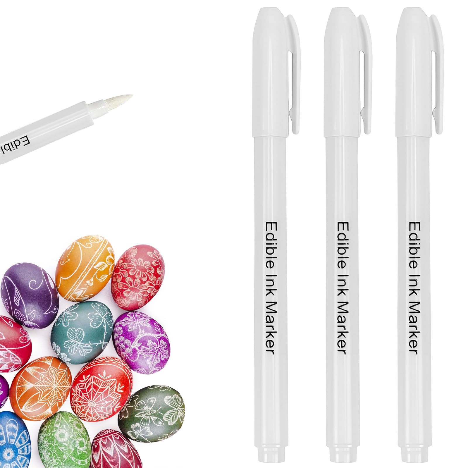 3 Stück Essbarer Weißer Lebensmittelfarbstift – Edible Ink Marker für Schokolade, Kekse, Fondant, Kuchen – Speziell für dunkle Oberflächen – Lebensmittelfarbstift Weiß für Dekoration