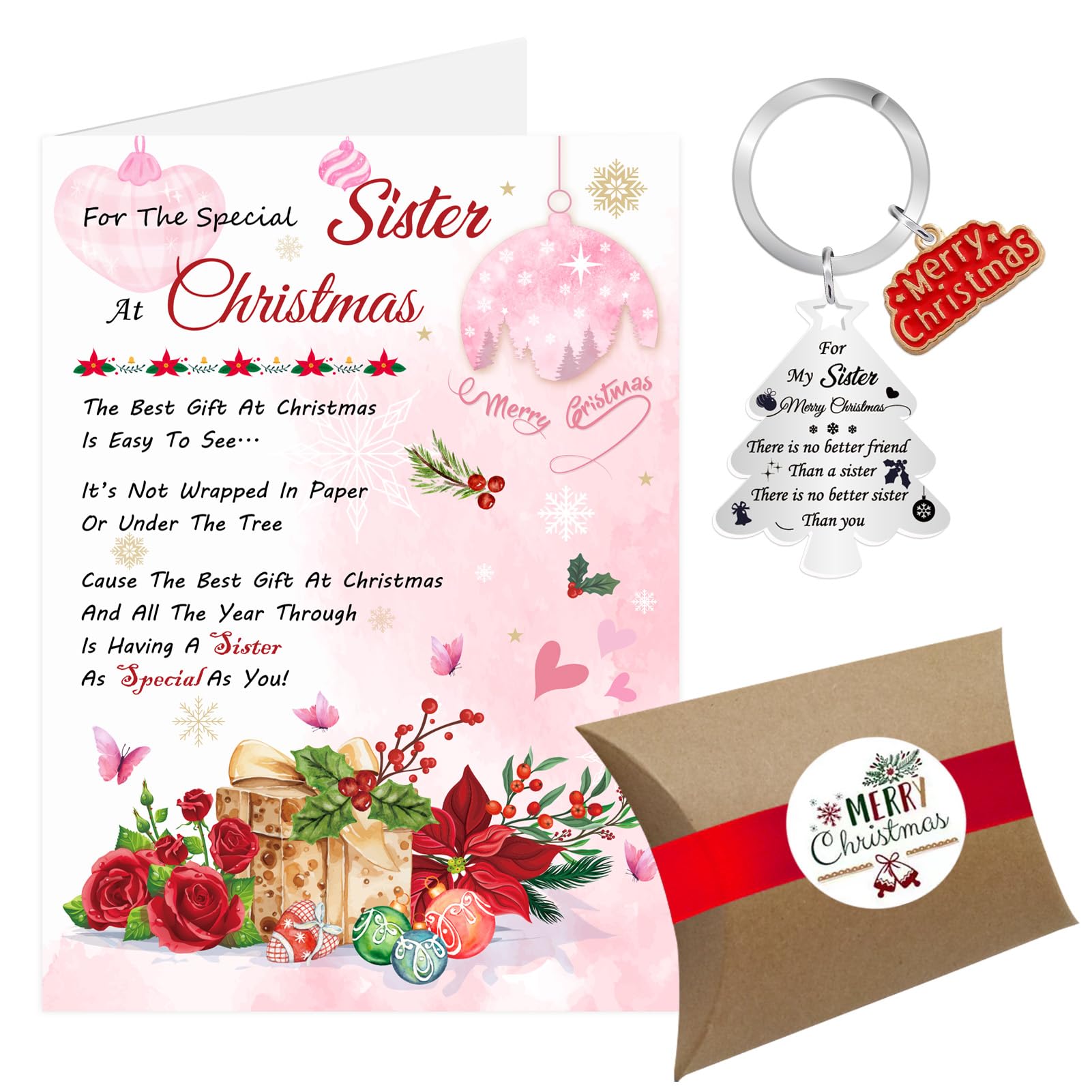 Sister Christmas Card, Christmas Card Xmas Card for Female, Luxury Merry Christmas Cards Keyring Gifts for Women with Gift Box Envelope (Sister)