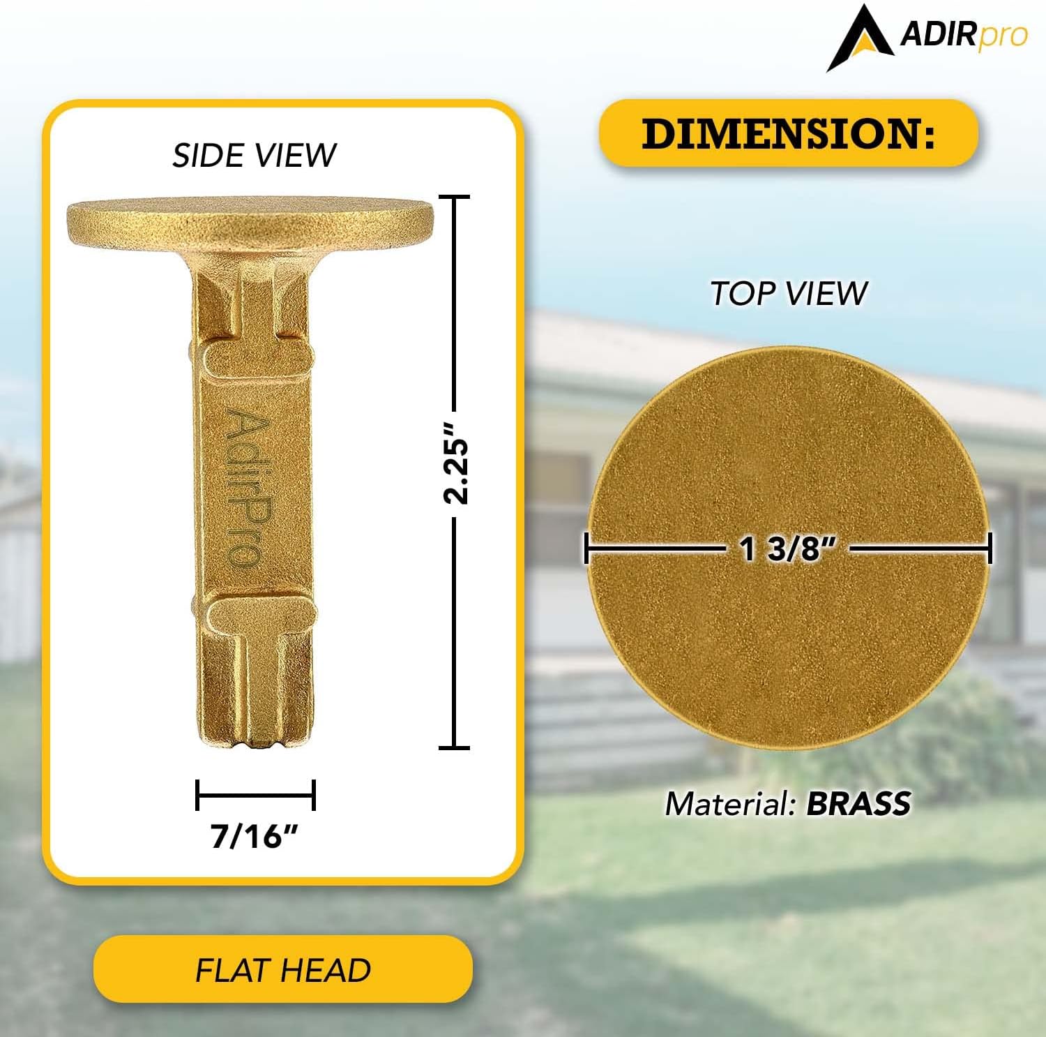 AdirPro Survey Markers – Durable Solid Brass & Low Profile Permanent Boundary Marking Caps/Stakes – for Surveying & Measuring Property & Land Area (1-3/8 Inch, Flat)
