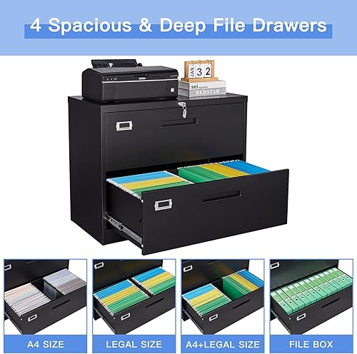 Miniatura 4 de Yizosh Archivador negro de 2 cajones con cerradura, archivador para oficina en casa, gabinete de almacenamiento de archivos de oficina con cierre de