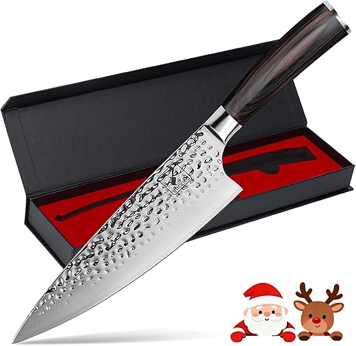 imarku Damascus Chef Knife, 8 Inch Kitchen Knife Ultra Sharp Cooking Knife HC German Stainless Steel Japanese Knife for Kitchen, Hand-Hammered Design, Ergonomic Handle, Christmas Gifts for Women Men
