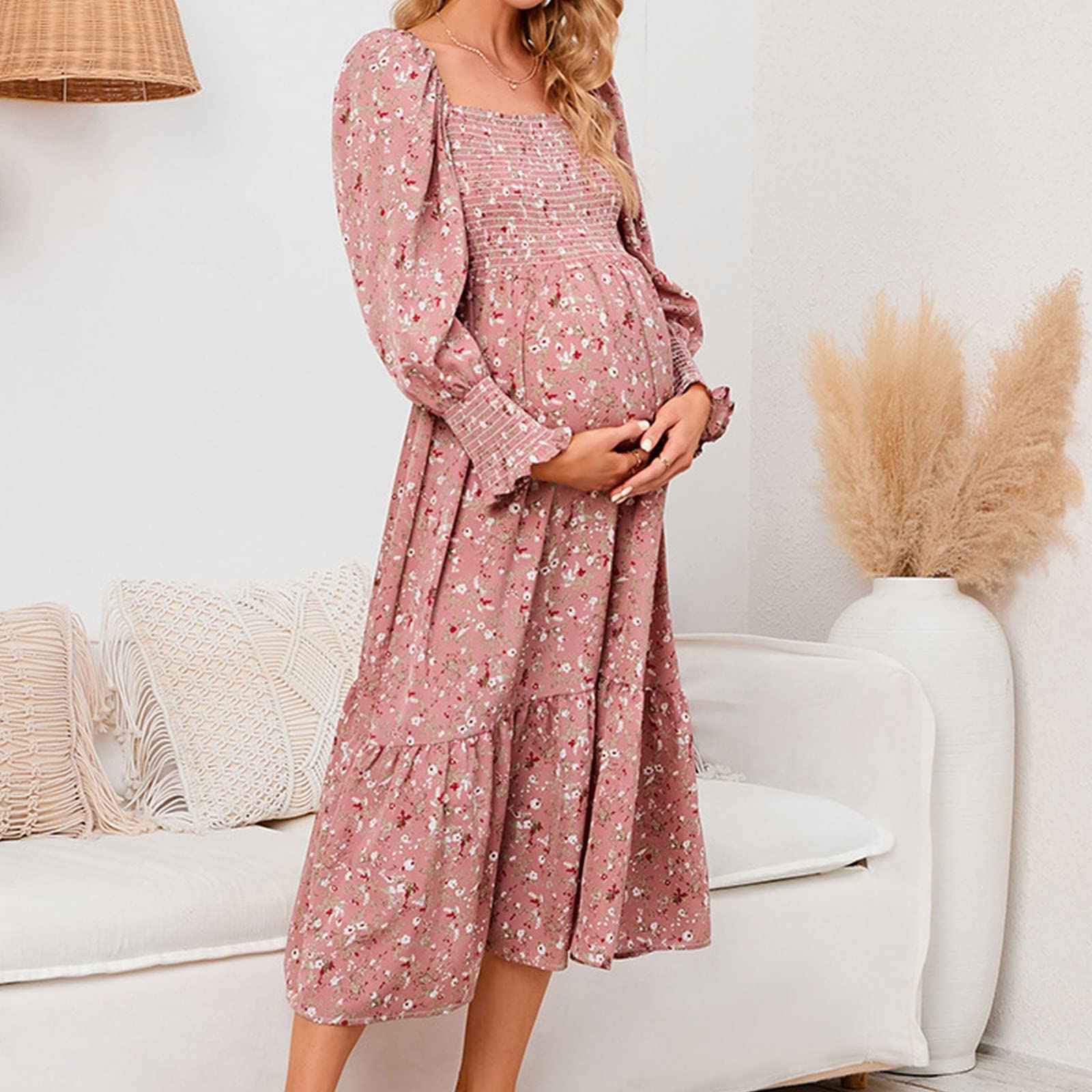 Generisch Abito premaman elegante, a maniche lunghe, in chiffon, con dettagli floreali, per la preparazione della gravidanza, accessori fotografici