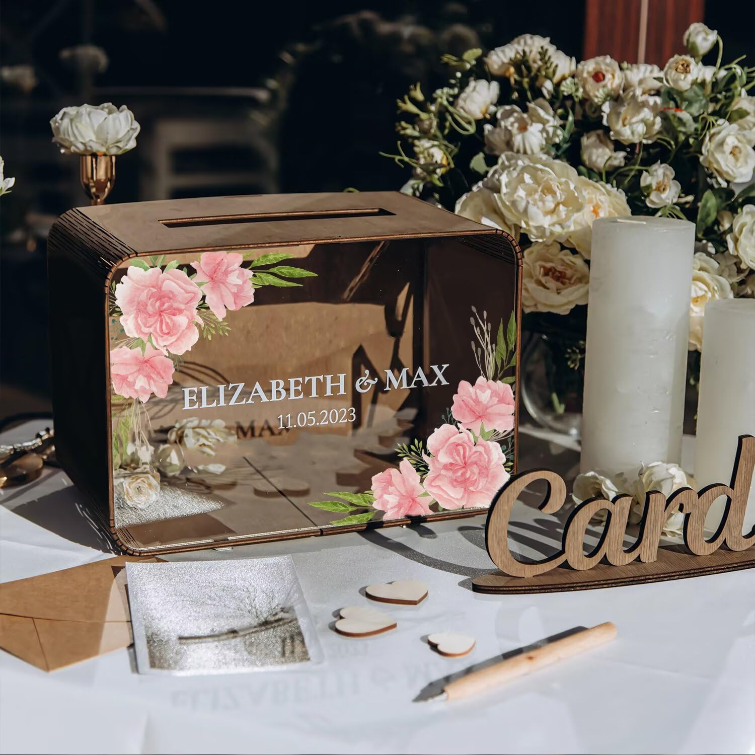 Urne Mariage Bois Champêtre Personnalisée – Boîte à Cartes Rustique Avec Gravure Nom & Photo, Tirelire Élégante Pour Mariage, Baptême, Anniversaire Ou Baby Shower