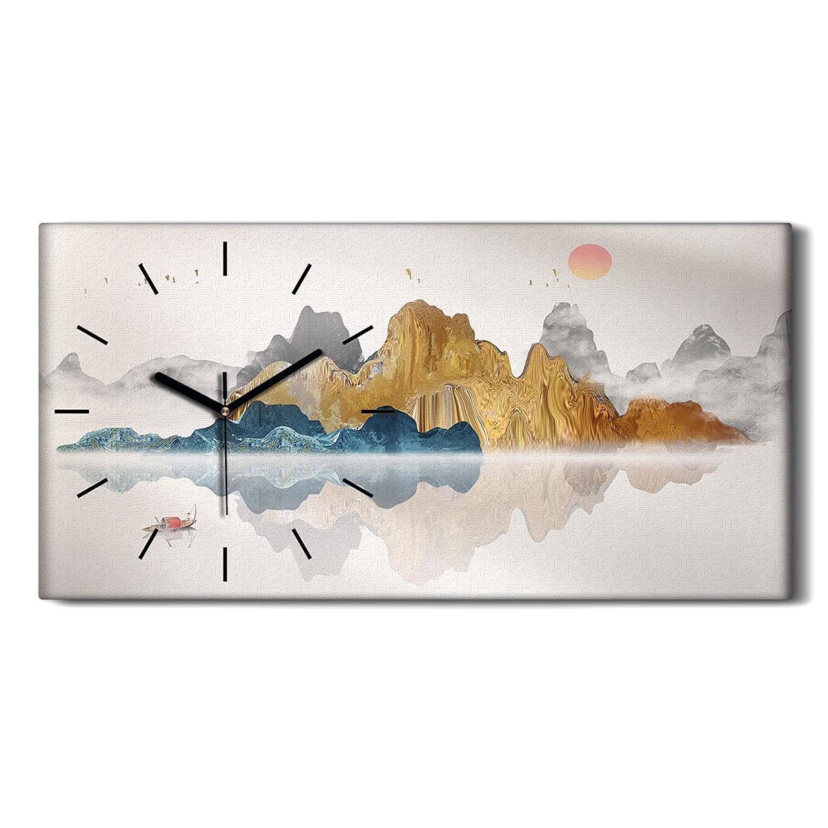 Horloge sur toile montagnes abstraites et mains noires déco moderne 60x30cm silencieuse