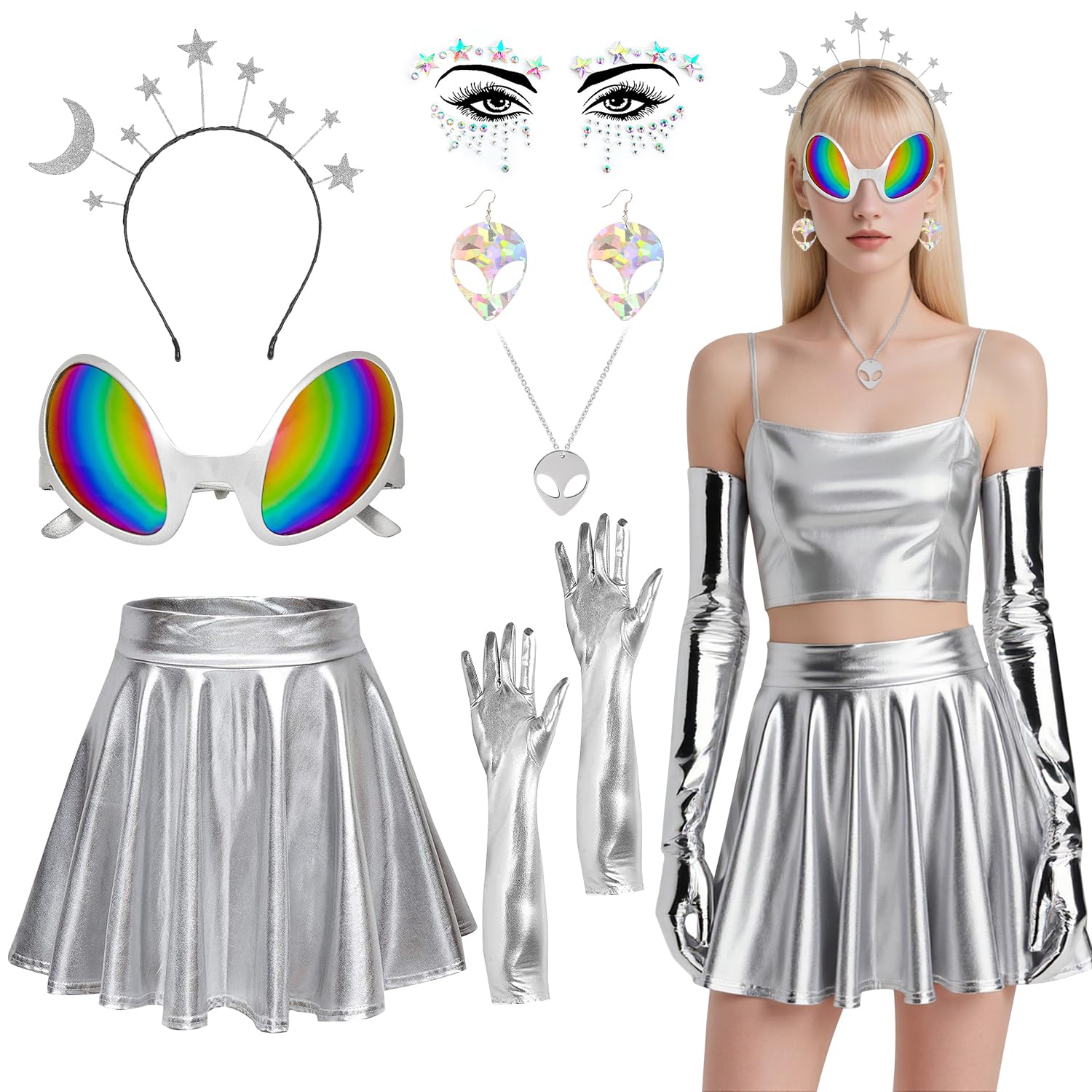 TOLOYE Costume for Women, Adult Silver Costume with Skirt, Long Gloves, Space Theme Glasses Headband Face Stickers Necklace, Fancy Dress for Carnival Christmas Party Cosplay (L)