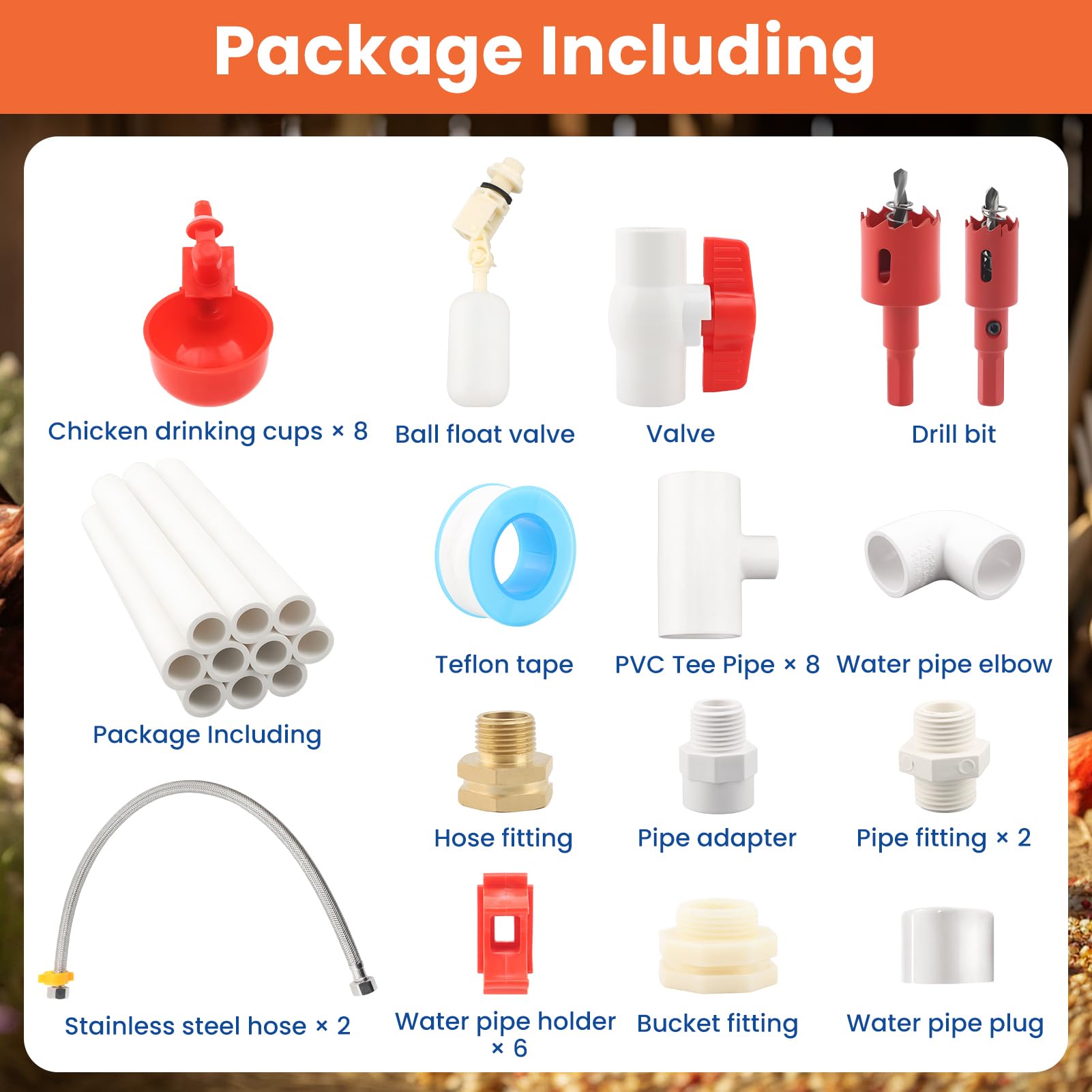 Sistema automático de riego de pollos de 58 piezas con 8 tazas de agua y 2 mangueras de jardín, tubo de PVC de 1/2 pulgada, válvula flotante y kit de conector de manguera para gallineros, gansos