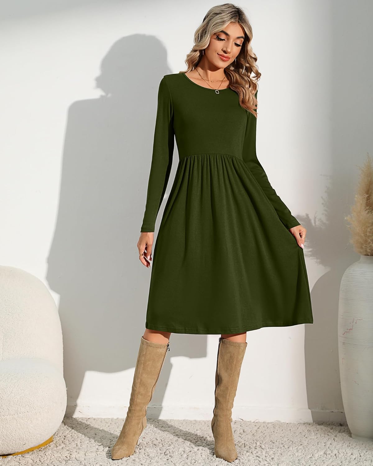 Riyiper 2 Pack Casual Dresses Women Fall Winter 2025, Long Sleeve Loose Fit Pleated Swing Dress with Pockets Knee Length - Image 4