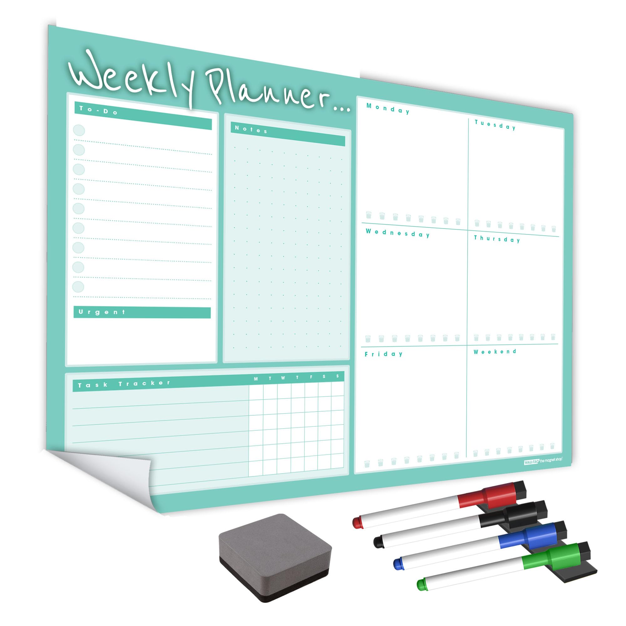 WallTAC A3 Weekly Planner Whiteboard Sticker for Wall | Made in The UK | Easy-to-Remove Dry Wipe Calendar with Reusable Adhesive | Family Meal Planner or to Do List for Home and Office
