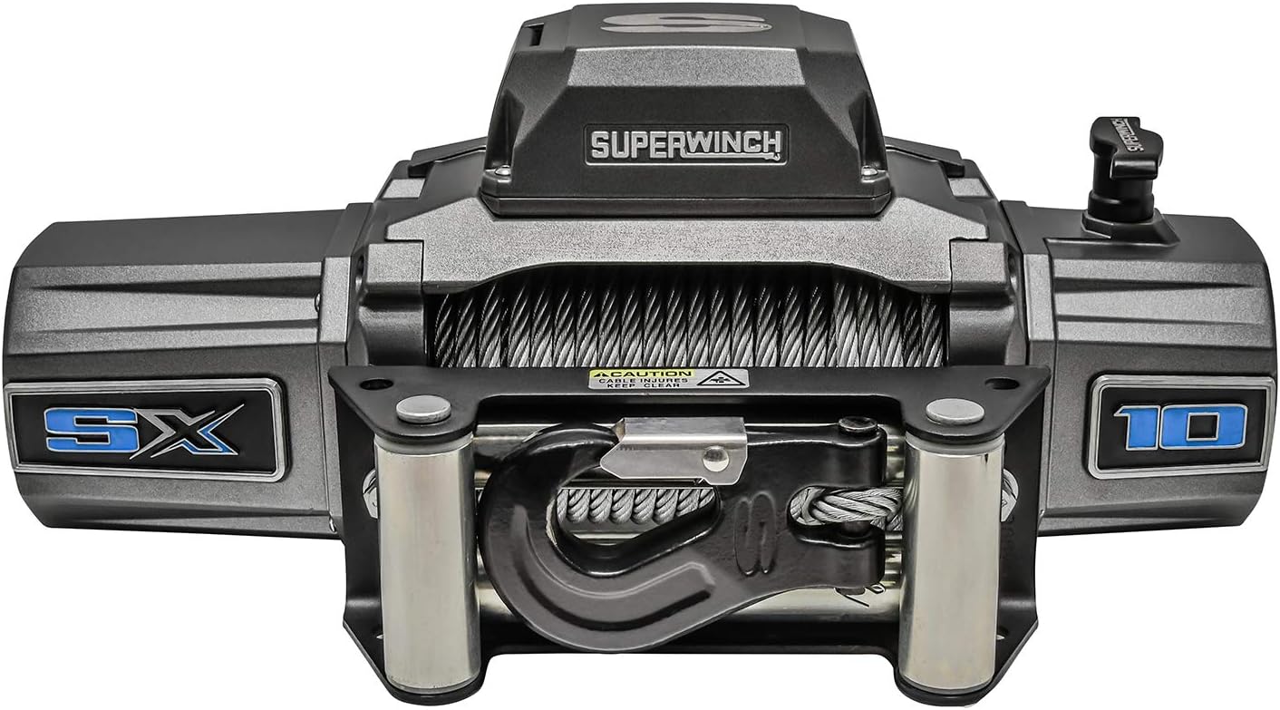 Superwinch 1710200 SX10 12VDC Winch 10,000 lb/4,536 kg Single Line Pull with Roller Fairlead, 3/8in x 80ft Steel Wire Rope, Corded Handheld Remote