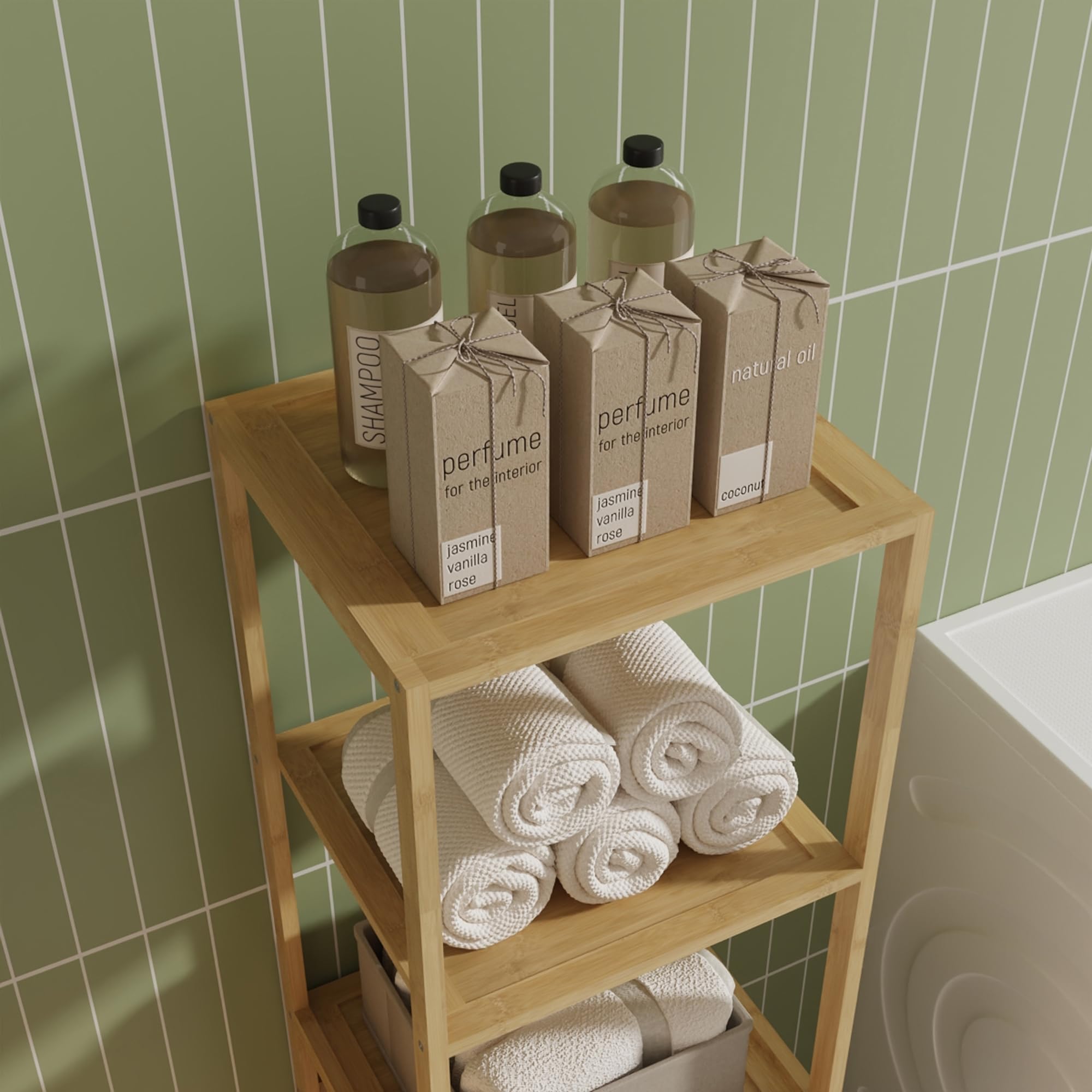 [en.casa] Mueble de Baño Anun Estantería con Cesto para Ropa Sucio Mueble Auxiliar Armario Midi para Cuarto de Baño Dormitorio Bambú 130 x 36 x 33 cm - Natural/Beige