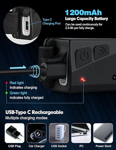 Miniatura 5 de MELASA Linterna frontal LED recargable, sensor de movimiento, impermeable, 5 modos, 2.47 onzas, negro