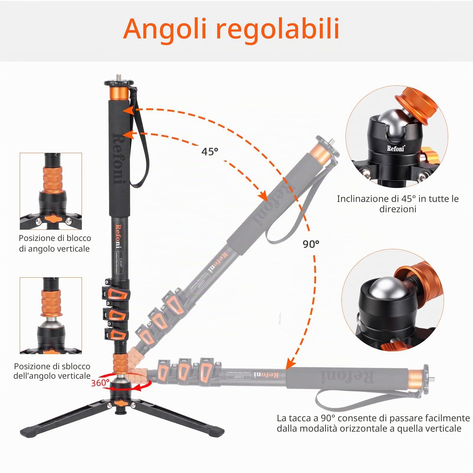Monopiede in Carbonio, Refoni C304F Monopiede da 173 cm con piedini di supporto per reflex digitali, fotocamere compatte e mirrorless, con un carico massimo di 25 kg
