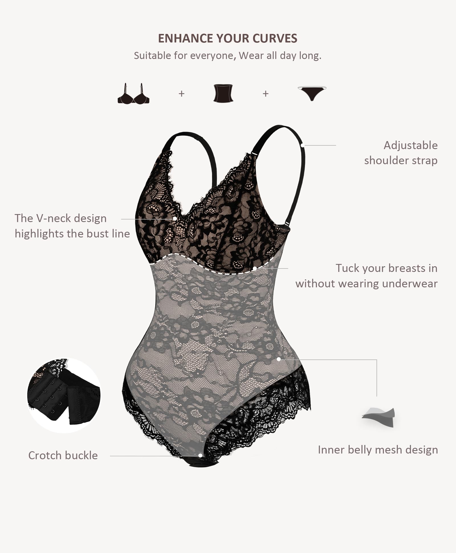 FeelinGirl Body Gainant Dentelle Femme Sculptant Bodysuit Débardeur Col en V Shaprwear avec String Chic et Élégant Gaine Ventre Plat