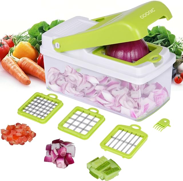 Vegetable Chopper, Adoric Food Slicer Dicer 3 Interchangeable Blades Set with Food Container & Cleaning Brush for Potato Tomato Onion Salad Fruit