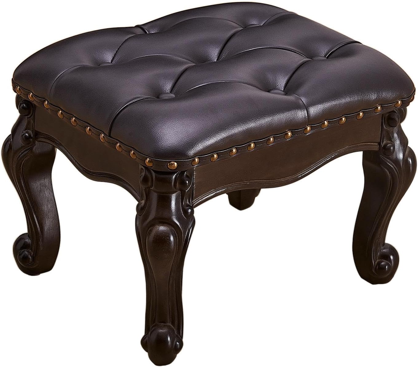 Ottoman Foot Rest, Small Leather Footstool, Vintage Living Room Ottoman, Solid Wooden Shoe Stool, Dark Brown