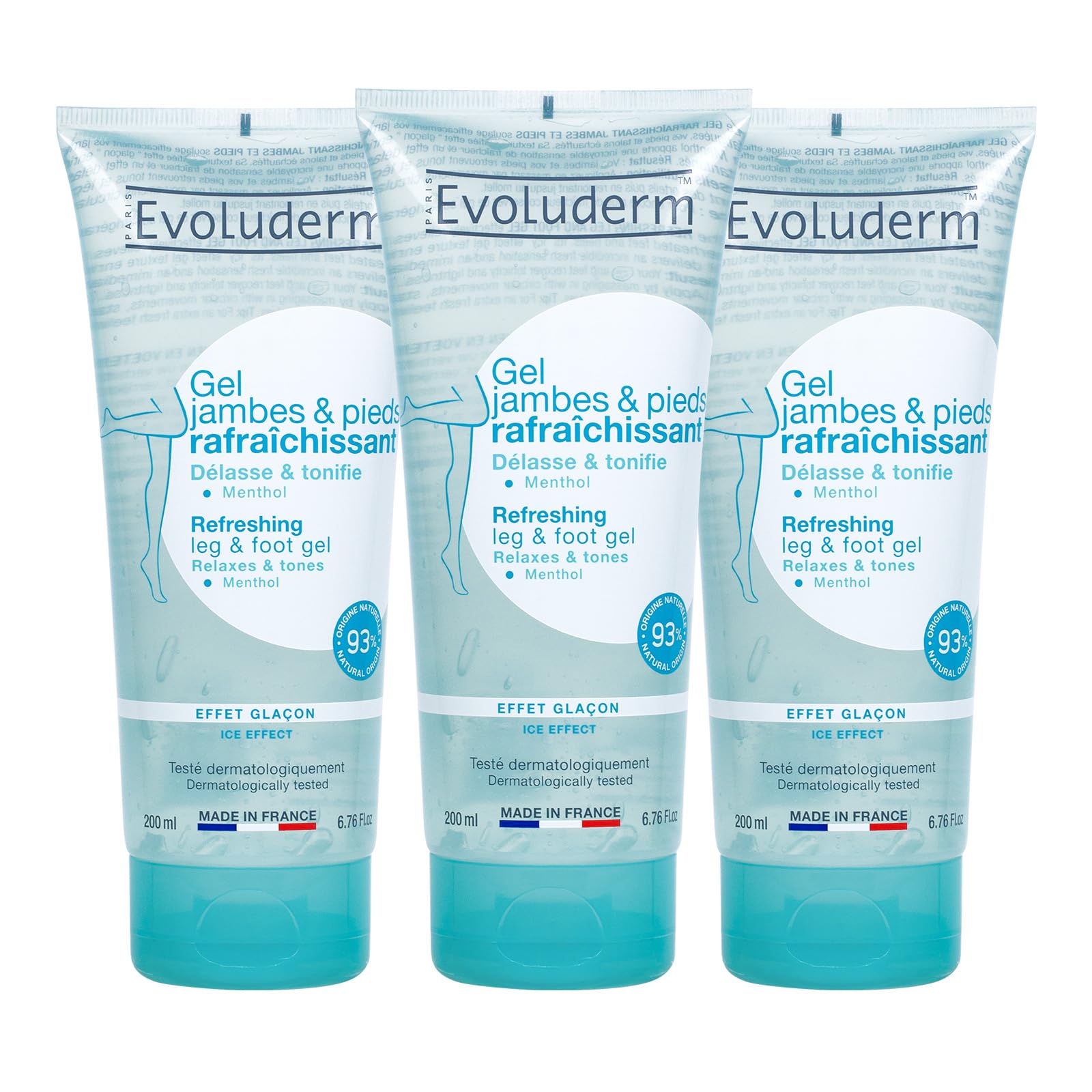 EVOLUDERM - Gel Rafraîchissant Jambes & Pieds - 200 ml - 96% d'Origine Naturelle - Végan - Fabrication Française - Lot de 3 x 200 ml