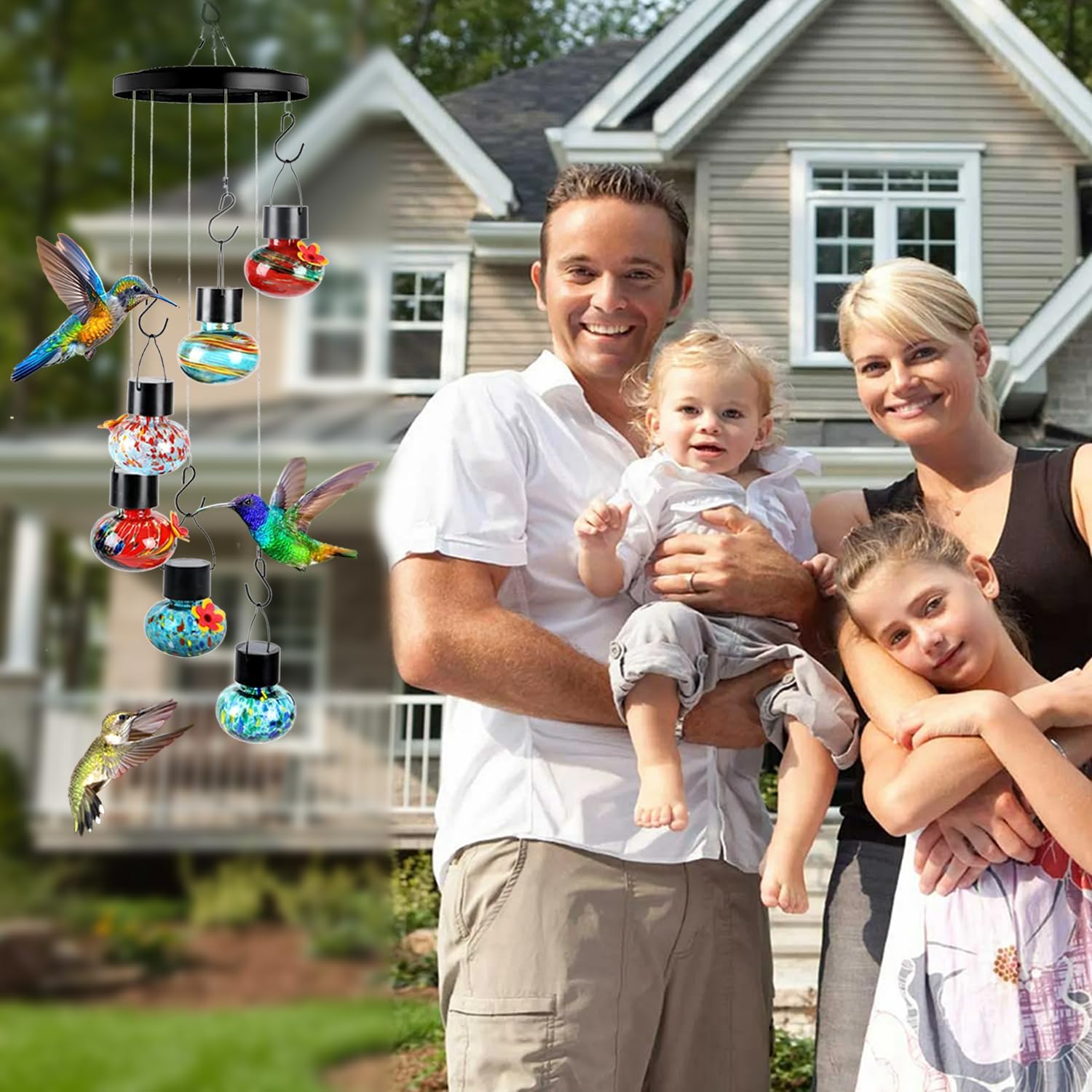 Solar Wind Chimes Hummingbird Feeder for Outdooors, Blue Hand-Blown Glass Bird Feeders with Leak-Proof Design, Ant & Bee Resistant, Perfect Garden Patio Decor (Multicolor)