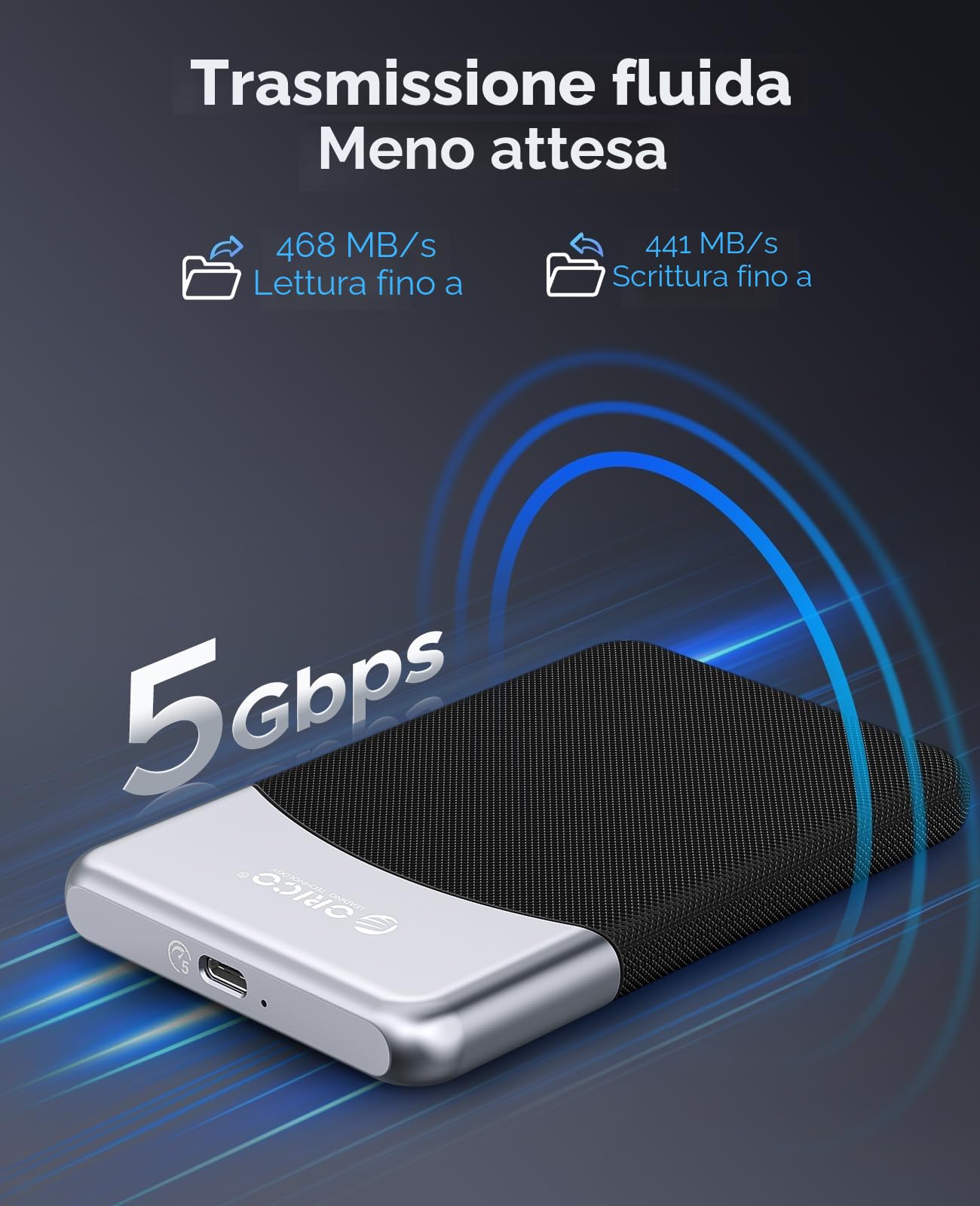 ORICO 1TB SSD esterno con cavo USB C 2 in 1, unità portatile a stato solido USB 3.2 Gen 1 fino a 460MB/s, archiviazione affidabile per smartphone USB-C, PC, tablet, Labtop - M25PRO