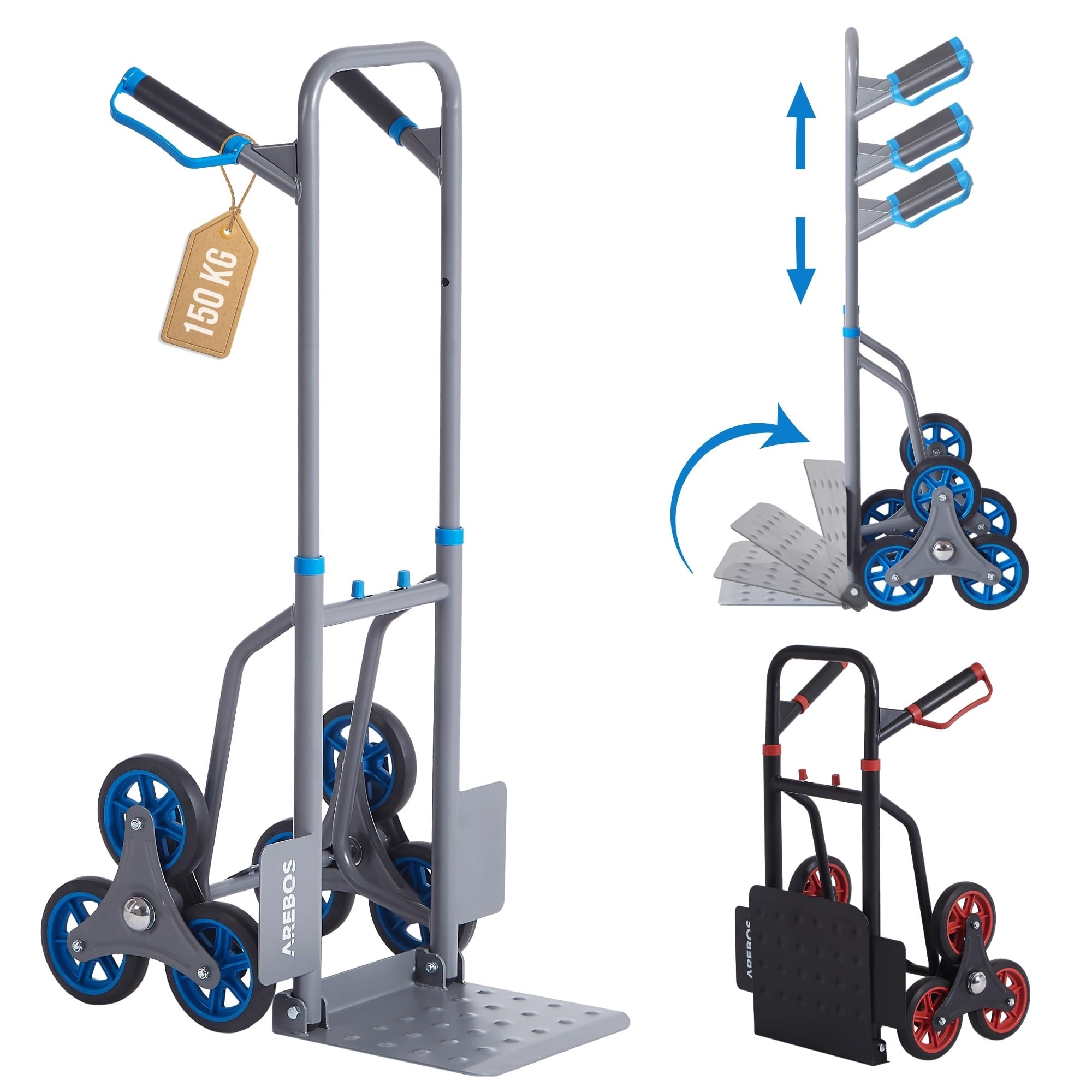 Arebos Carretilla para escaleras | Carretilla plegable para escaleras | Carretilla para subir escaleras con neumáticos de goma dura y marco de acero | Carretilla de transporte montacargas | Carro de