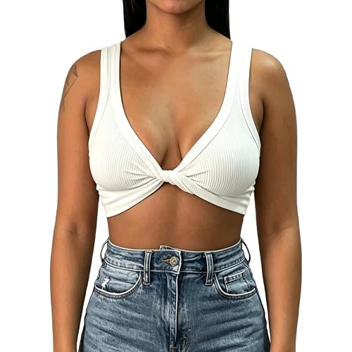 MakeMeChic Women's Crop Tank Top Ribbed Twist Front Sexy Cute Going Out Tops