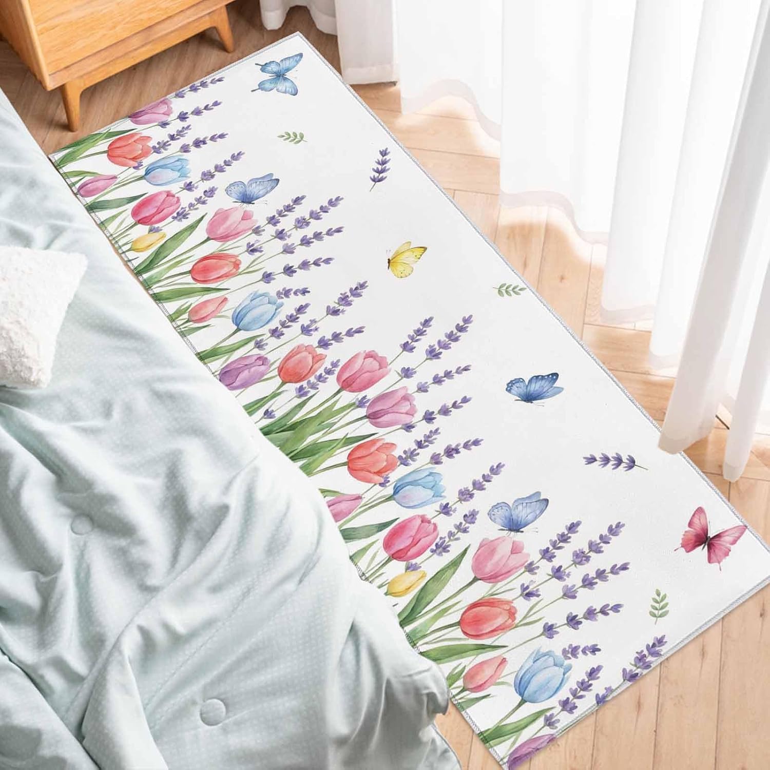 Kitchen Mats for Floor Country Colorful Flower Butterfly Washable Non Slip Kitchen Rugs 1PCS, Rustic Tulips Lavender Floral Absorbent Standing Mats for Sink Bathroom Office Living Room 23.6x70.9in