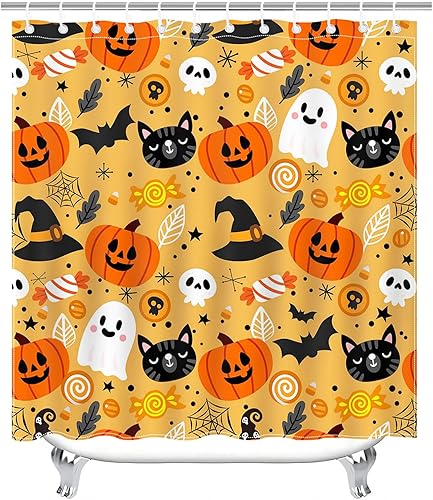 Miniatura 7 de Mocsicka Juego de 4 cortinas de ducha de Halloween para baño, juego de baño de calabaza y fantasma de dibujos animados con alfombras