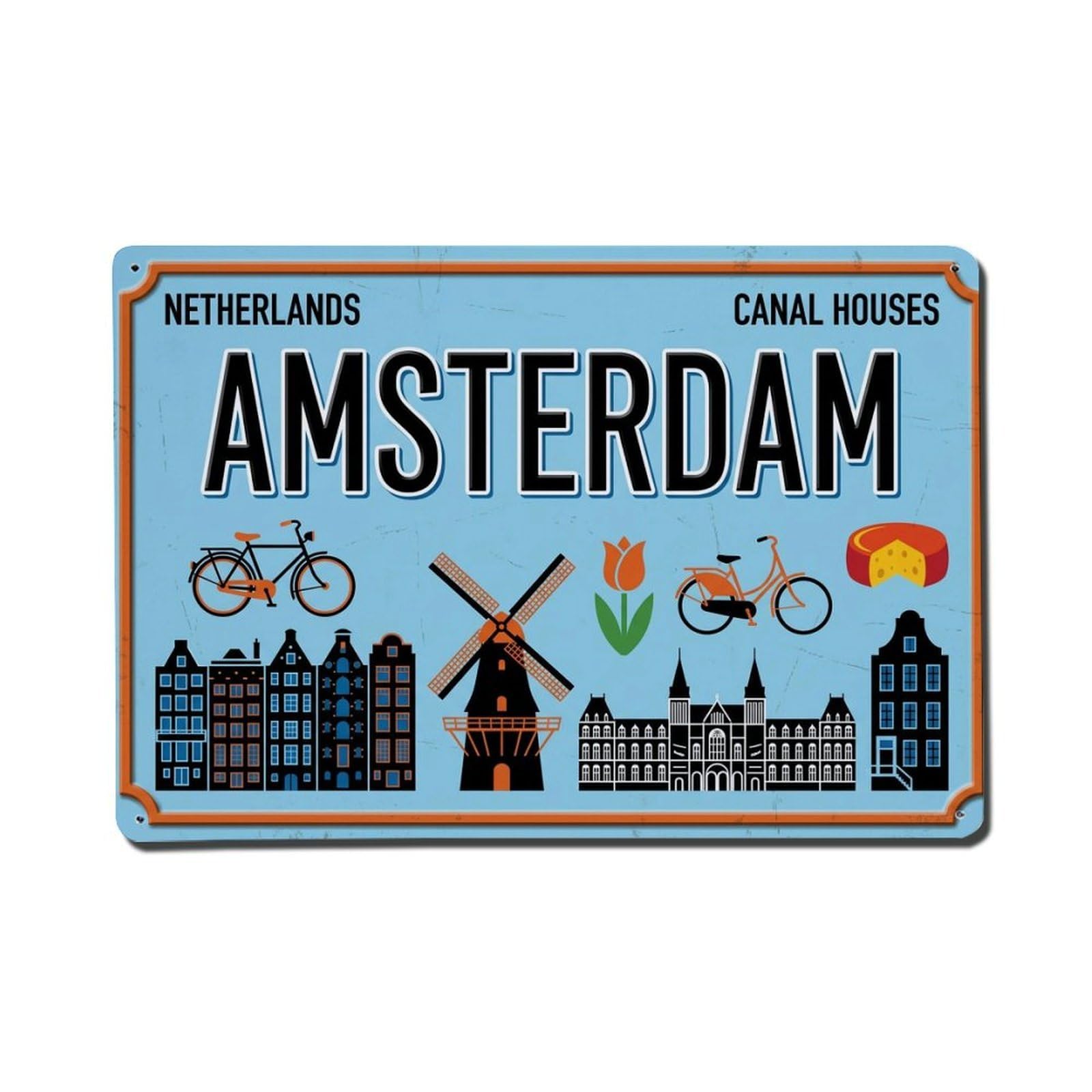 Xanthor Style Vintage Travel Amsterdam Netherlands Canal Bicycle Metal Tin Sign