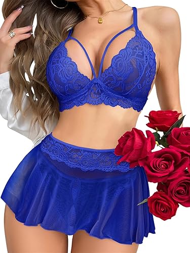Foxiny Sexy Mini Skirt with G-String Floral Lace Sheer Bralette Lingerie Set 3 Piece Otufits - XX-Large - Royal Blue