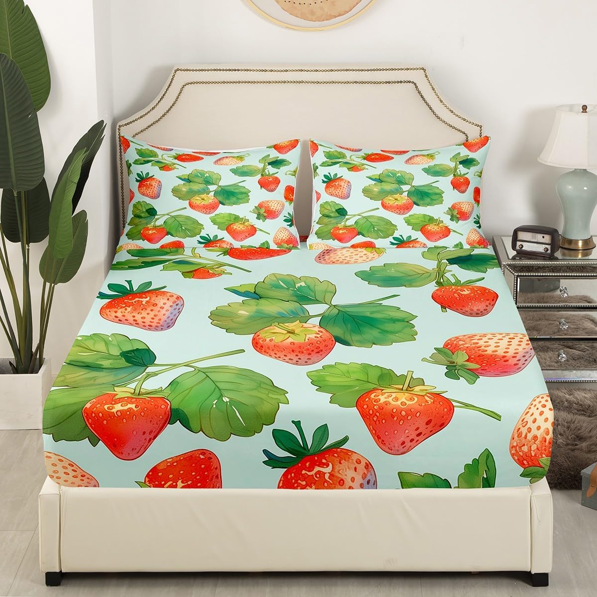 Feelyou Girls Strawberry Fitted Sheet Twin Size Kids Kawaii Strawberry Bed Sheet Set for Boys Teens Cute Cartoon Strawberry Bedding Set Breathable Anime Bed Cover Green Bed Set image 3
