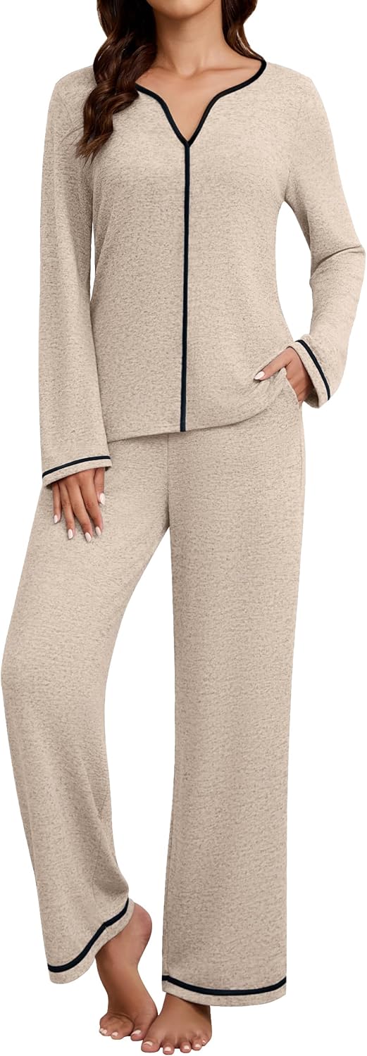 Blooming Jelly Womens 2 Piece Color Block Pajama Set Soft Fall V Neck Lounge Sets Wide Leg Pants Sleepwear Pockets
