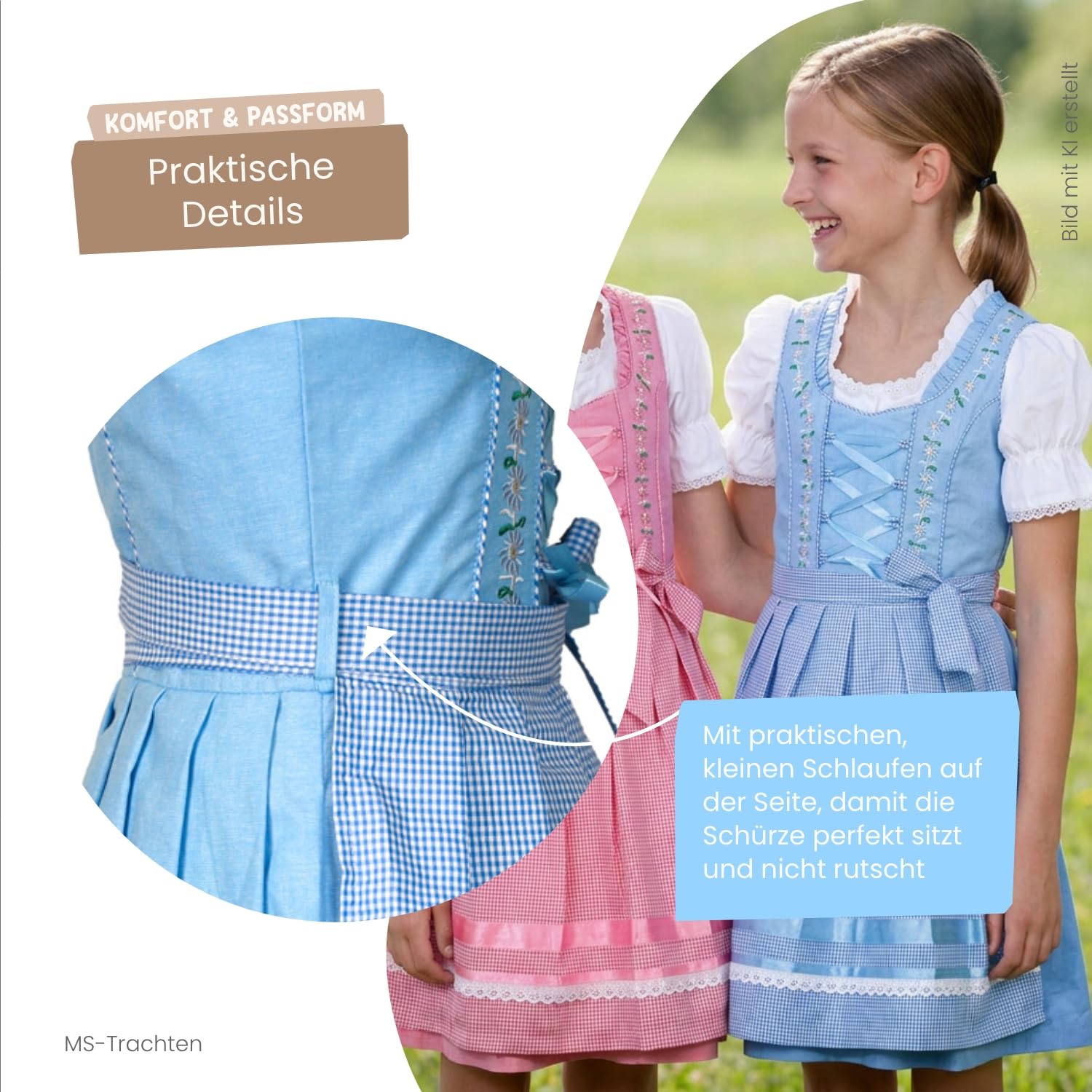 Kinderdirndl Alina – Kinder Dirndl rosa blau grün mit Bluse und Schürze 3 teilig – traditionelles Trachtenkleid für Mädchen