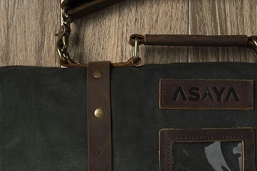 Miniatura 3 de Asaya Rollo de lona encerada para cuchillos  15 ranuras para cuchillos, tarjetero y bolsillo grande con cremallera  Hebillas de cuero auténtico,