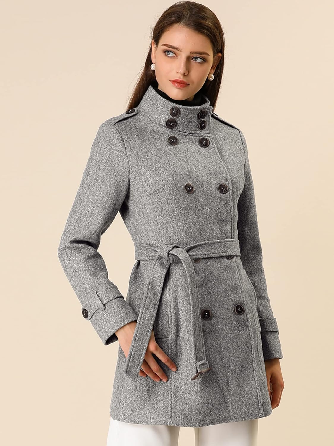 Allegra K Women's Stand Collar Double Breasted Pockets Trendy Outwear Winter Coat with Belt - Image 4