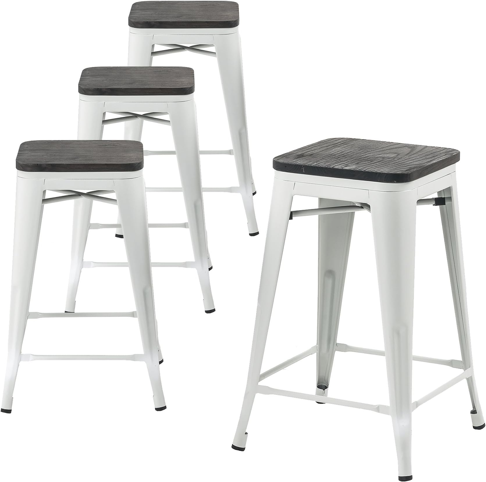 Buschman Metal Bar Stools 24" Counter Height, Indoor/Outdoor and Stackable, Set of 4 (Matte White with Wooden Seat)