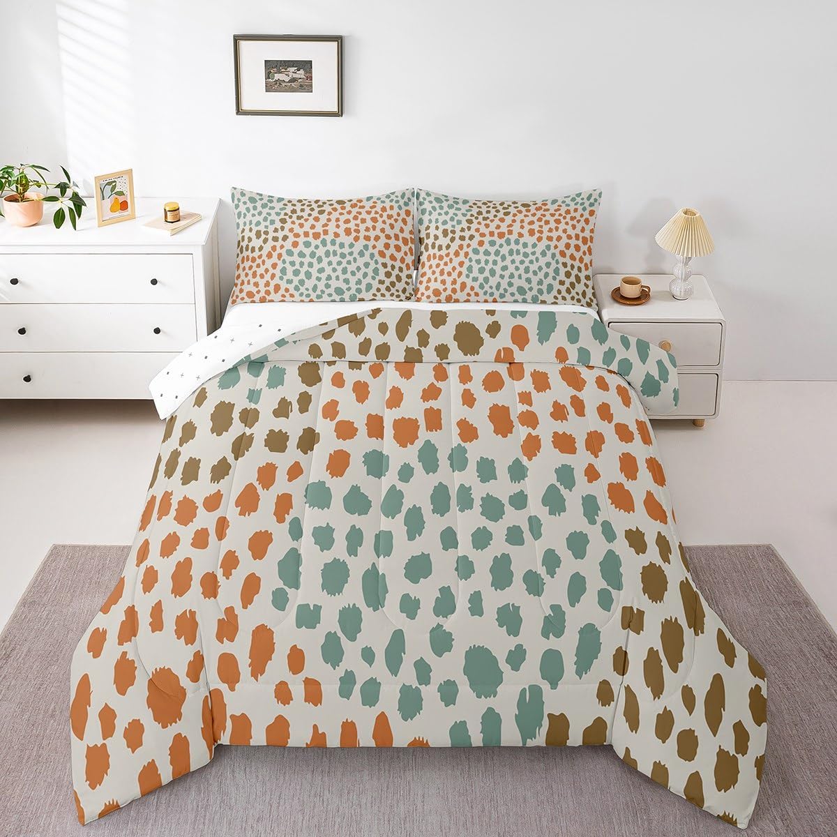 jejeloiu Polka Dot Comforter Set Toddler Size Modern Art Geometric Duvet Quilt for Kids Boho Bedding Set Women Men Teens Ultra Soft Green Orange Decor All Season Breathable Lightweight